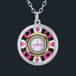 Monogram Black, Hot Pink and Gold Las Vegas Style  Silver Plated Necklace<br><div class="desc">Monogram Necklace. Monogram Black, Hot Pink and Gold Las Vegas Style design ready for you to personalise. ✔Note: Not all template areas need changed. 📌If you need further customisation, please click the "Click to Customise further" or "Customise or Edit Design" button and use our design tool to resize, rotate, change...</div>