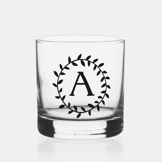 Monogram Black Initial Leaf Garland 4AJ Whiskey Glass (Front)