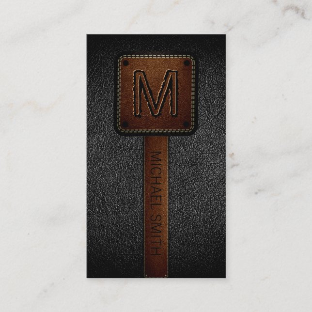 Monogram Black Leather Look Business Card (Front)