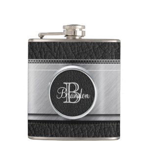 Monogram Black Leather Look Stainless Steel Flask