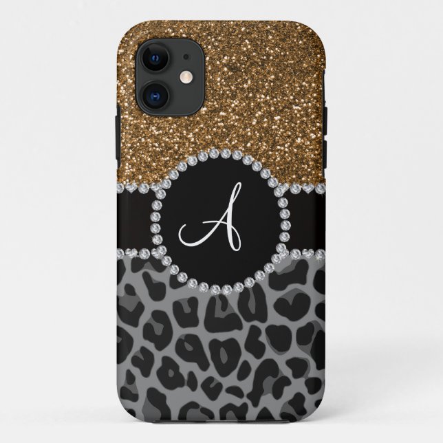 Monogram black leopard gold glitter Case-Mate iPhone case (Back)
