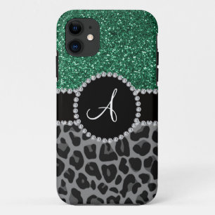 Monogram black leopard mint green glitter iPhone 11 case