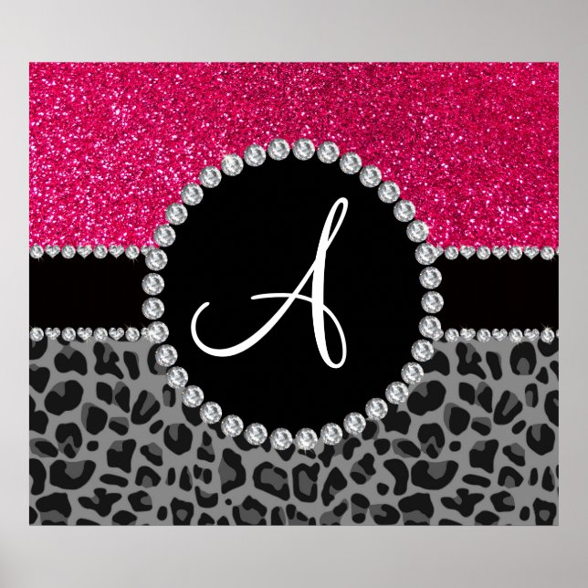 Monogram black leopard pink glitter poster (Front)