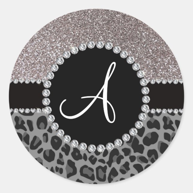 Monogram black leopard silver glitter classic round sticker (Front)