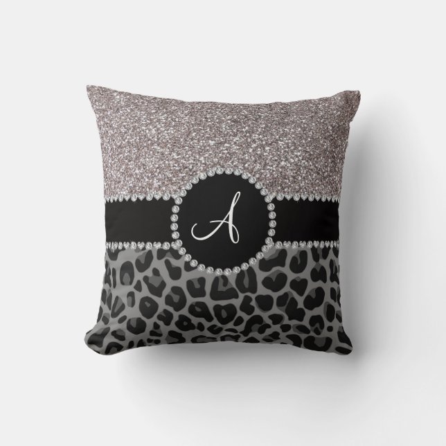 Monogram black leopard silver glitter cushion (Front)