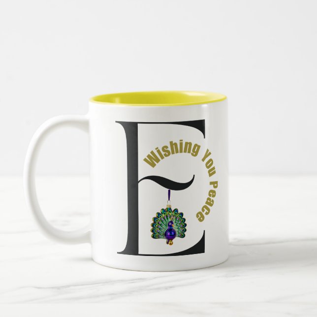 Monogram black letter E Peacock Wishing You Peace Two-Tone Coffee Mug (Left)