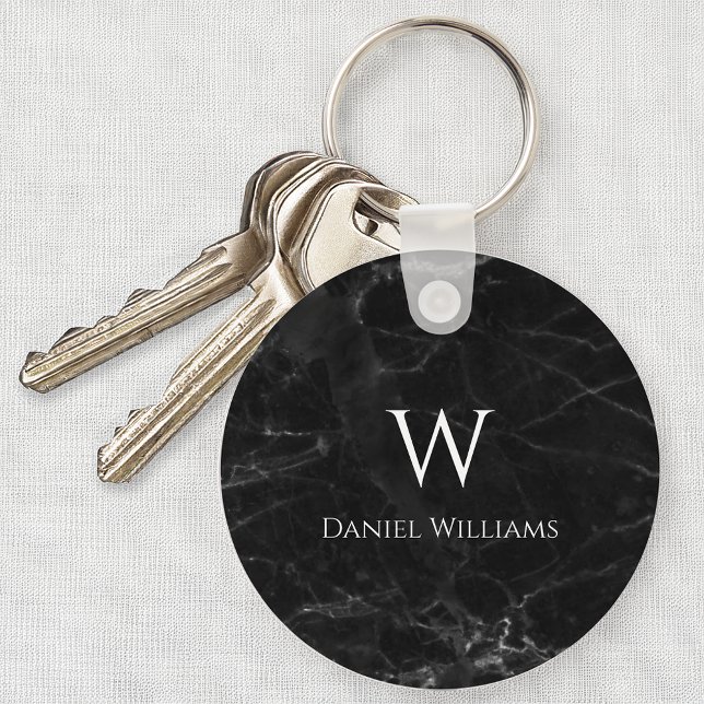 Monogram Black Marble Modern White Initial Name Key Ring (Creator Uploaded)