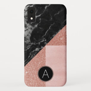 Monogram Black Marble & Rose Gold Glitter Sparkle iPhone XR Case
