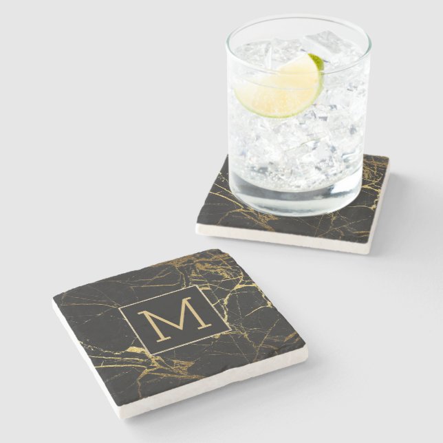 monogram black marble stone coaster (Side)