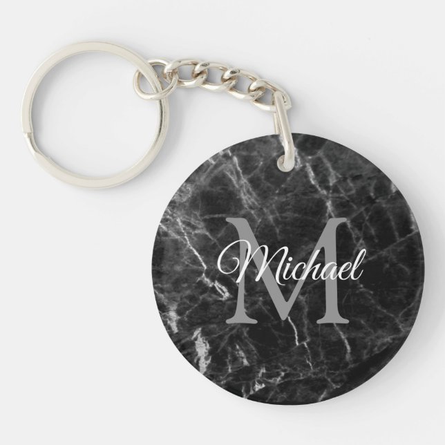 Monogram Black Marble Template Create Your Own Key Ring (Front)