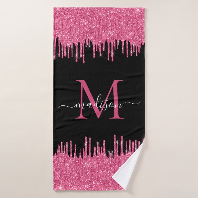 Monogram Black Metallic Hot Pink Dripping Glitter Bath Towel (Bath Towel)