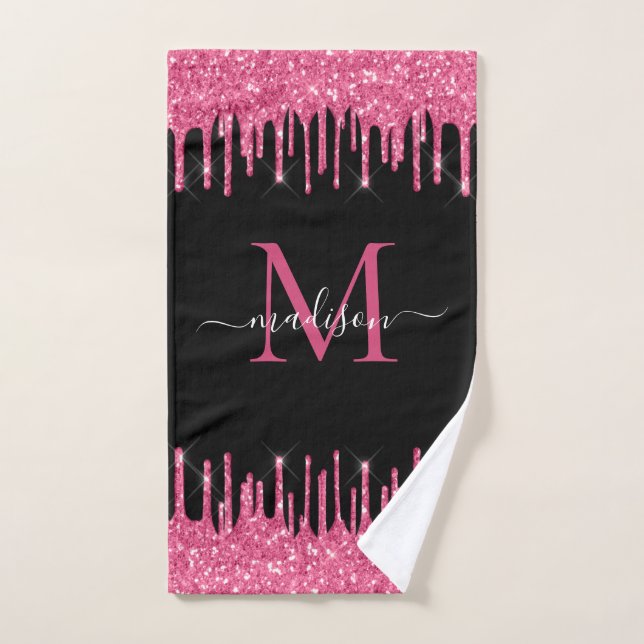 Monogram Black Metallic Hot Pink Dripping Glitter Hand Towel (Hand Towel)