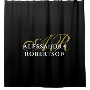 Monogram Black Minimalist Elegant Gold White Name Shower Curtain