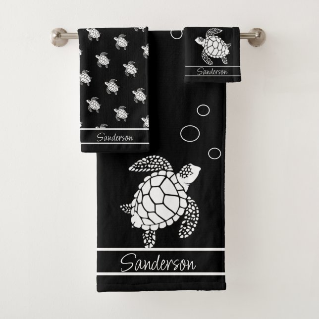 Monogram Black n White Sea Turtle Nautical Bath Towel Set (Insitu)