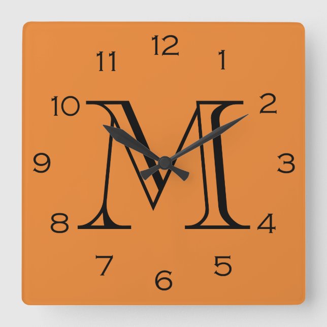 Monogram Black Numbers On Orange wccnt Square Wall Clock (Front)