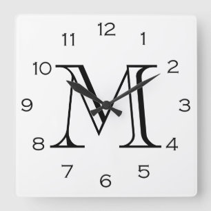 Monogram Black Numbers On White wccn Square Wall Clock