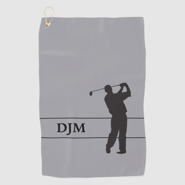 Monogram Black on Gray Silhouette Golfer Golf Towel (Front)