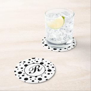 Monogram Black on White Polka Dot Pattern Round Paper Coaster