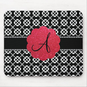 Monogram black ornamental hearts mouse pad