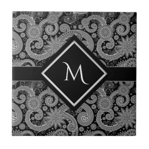 Monogram Black Paisley Ceramic Tile