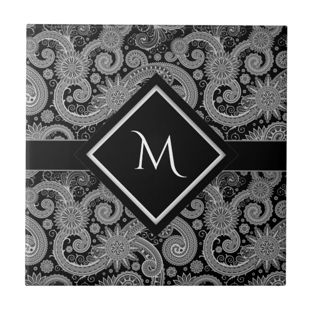 Monogram Black Paisley Ceramic Tile (Front)