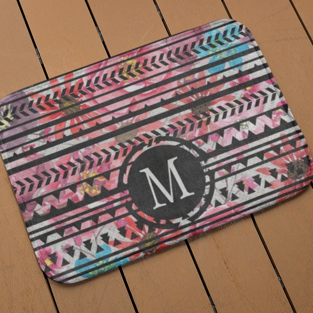 Monogram Black Pink Blue Aztec Floral Pattern Bath Mat (Creator Uploaded)