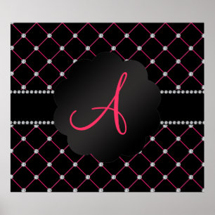 Monogram Black pink diamonds Poster