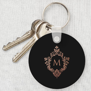 Monogram Black Pink Elegant Rose Gold Ornate Crest Key Ring
