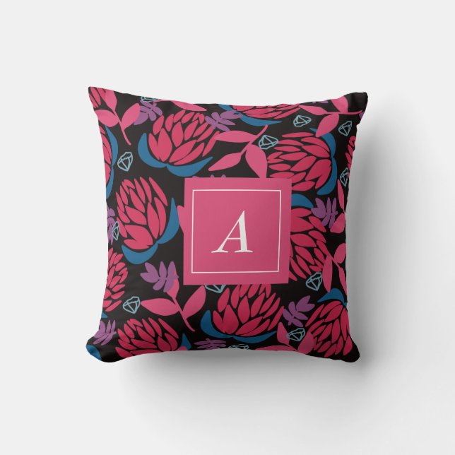 Monogram black pink flowers elegant cushion (Front)