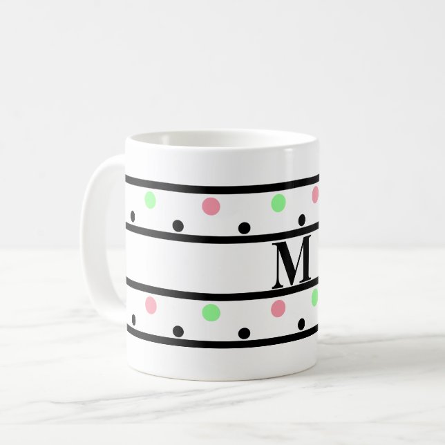 Monogram Black Pink Green Polka Dots Coffee Mug (Front Left)