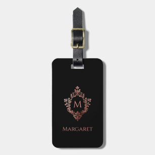 Monogram Black Pink Initial & Crest Elegant Ornate Luggage Tag