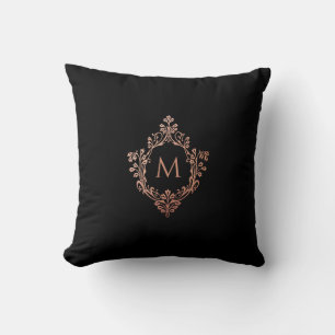 Monogram Black Pink Rose Gold Elegant Ornate Crest Cushion