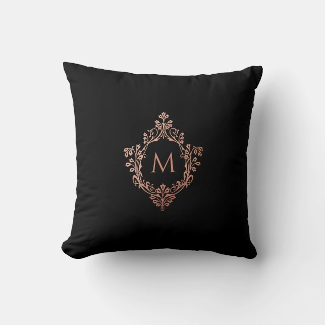 Monogram Black Pink Rose Gold Elegant Ornate Crest Cushion (Front)