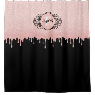 Monogram Black Pink Sparkly Glitter Drips Shower Curtain
