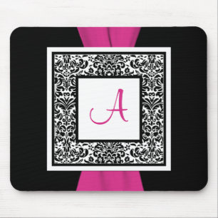 Monogram Black, Pink, White Damask Mousepad
