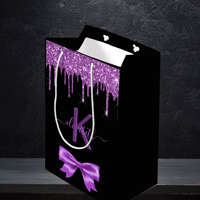 Monogram black purple glitter thank you favor medium gift bag (Creator Uploaded)