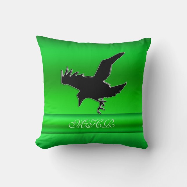 Monogram, Black Raven logo on green chrome-effect Cushion (Front)