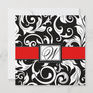 Monogram Black & Red Damask Wedding Invitations
