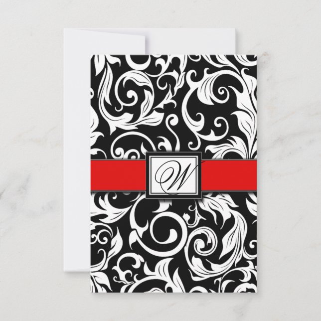 Monogram Black & Red Damask Wedding RSVP Cards (Front)