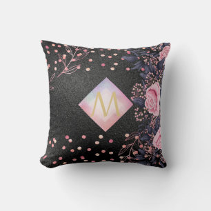 Monogram Black ROSEGOLD Pink Metallic Glitter Girl Cushion