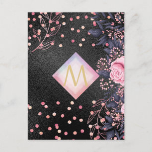 Monogram Black ROSEGOLD Pink Metallic Glitter Girl Postcard