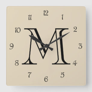 Monogram Black Script Numbers On Beige wccn Square Wall Clock