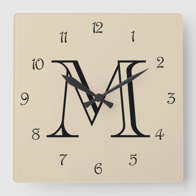 Monogram Black Script Numbers On Beige wccnt Square Wall Clock (Front)