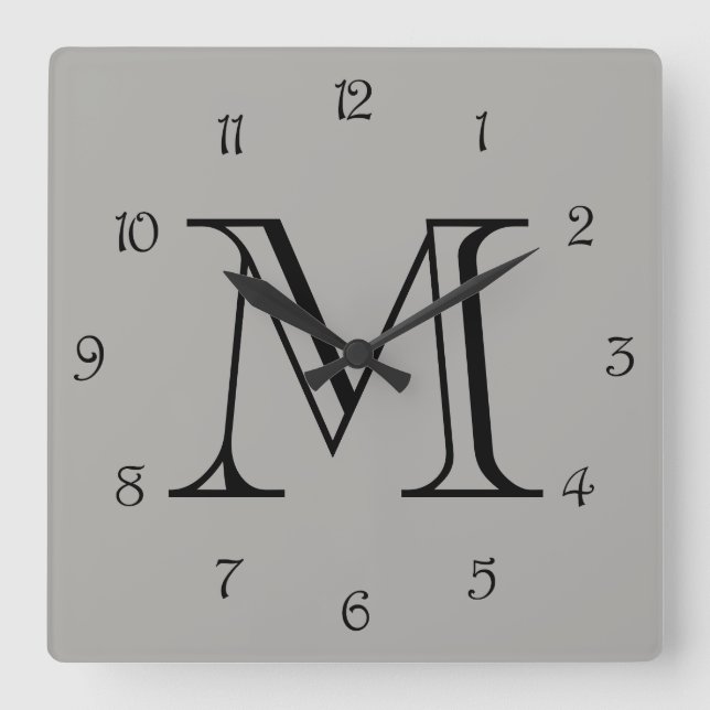Monogram Black Script Numbers On Gray wccnt Square Wall Clock (Front)