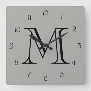 Monogram Black Script Numbers On Grey wccn Square Wall Clock
