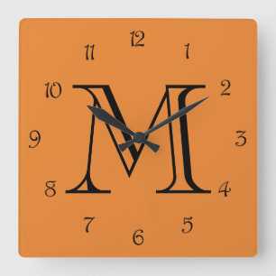 Monogram Black Script Numbers On Orange wccn Square Wall Clock