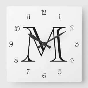 Monogram Black Script Numbers On White wccnt Square Wall Clock