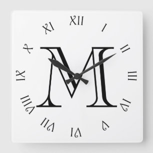 Monogram Black Script Roman Numbers On White wccn Square Wall Clock