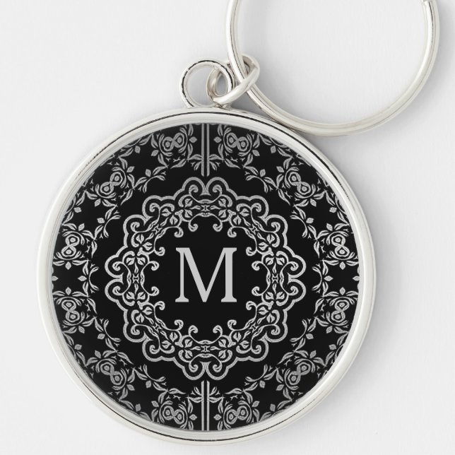Monogram Black & Silver Filigree Motif Key Chain (Front)