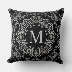 Monogram Black & Silver Filigree Motif Pillow